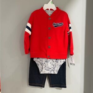 Carter's Red Cardigan Set with Printed Onesie and Dark Pants 18 months